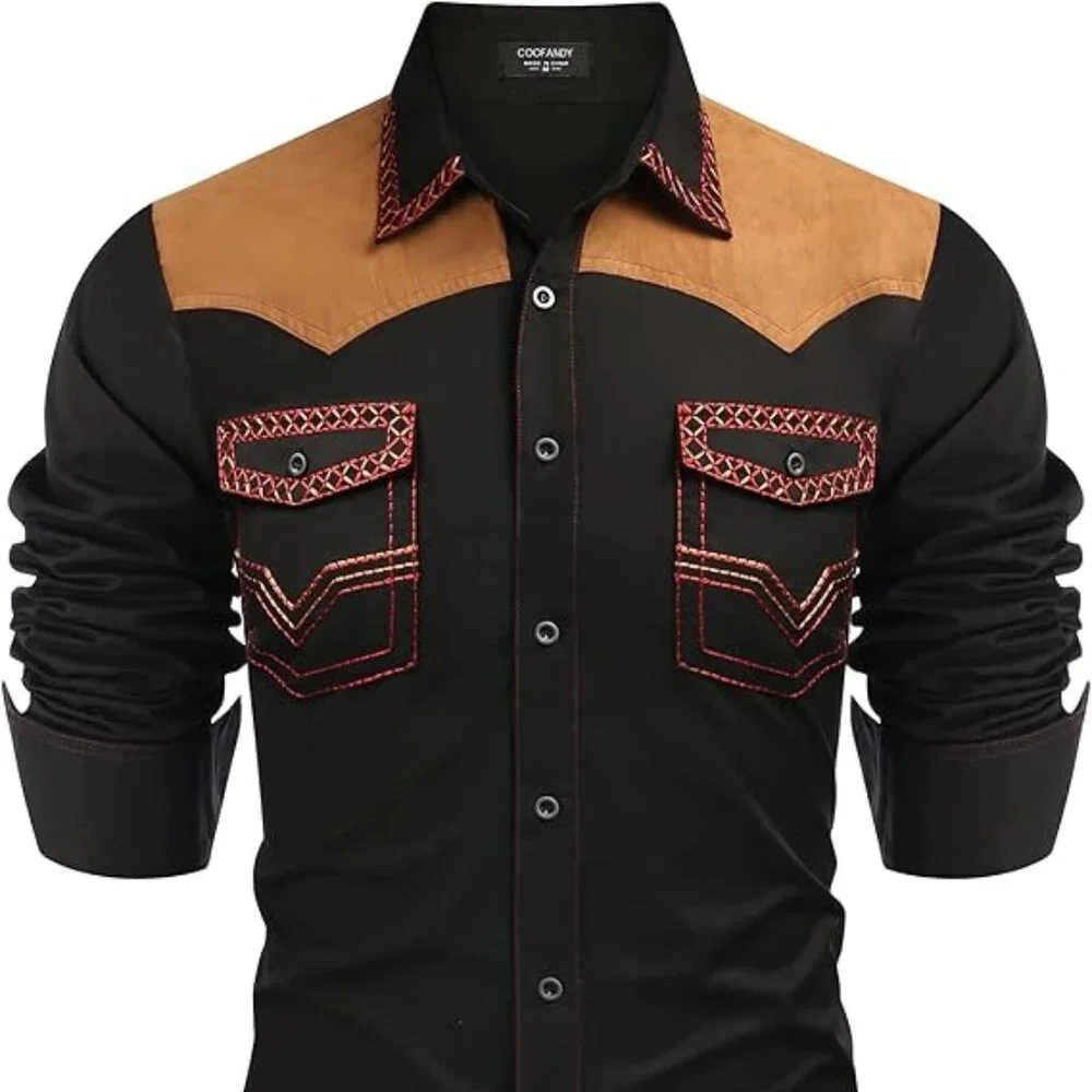 Men's Black Western Cowboy Shirt Embroidered Long Sleeve Slim Fit Casual Cotton - Picture 3 of 4